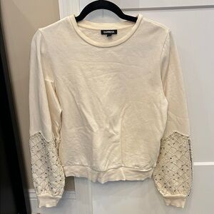 Express Ivory Beaded Sleeve Sweatshirt
